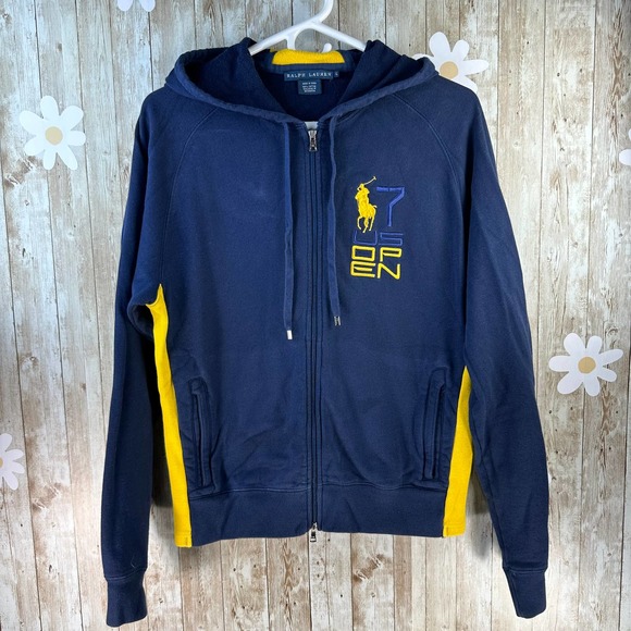 RALPH LAUREN Youths Hoodie Sz L Navy Yellow Big Pony Embroidered Drawstring - Picture 1 of 8